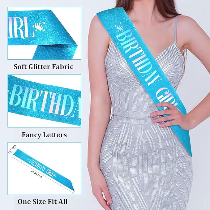 CAVETEE Birthday Girl Crown and Sash， Princess Tiara Happy Birthday Headband Party Accessories for Women and Girls