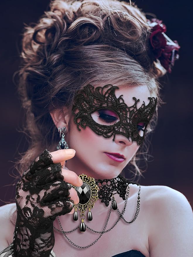 Newcotte 6 Pcs Masquerade Mask for Women Lace Mask Choker Necklace Glove for Christmas Halloween Venetian Party 80s 90s