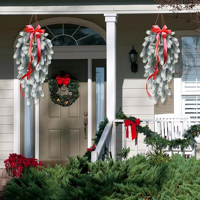 RECUTMS 2 Packs Hanging Artificial Pine Needle Branches Green Plant Pine Needle Accessories Artificial Hanging Plants Outdoors Faux Plant for DIY Christmas Indoor Outside Decoration(White)
