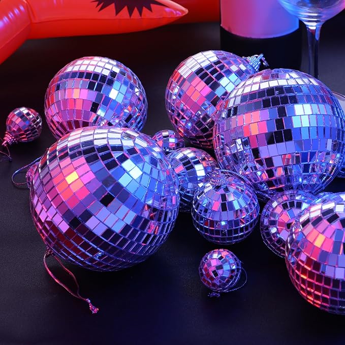 50 Pcs Disco Ball Decor Mirror Silver Disco Balls Hanging Ornaments Mini Disco Cake Topper for Home Wedding Birthday Dance Music 70s Themed Party Christmas Tree Ornaments (1.2'',2'',3.2'',4'')