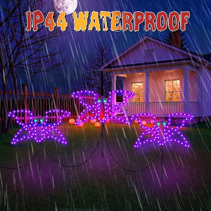 Halloween LED Bat Lights 3 Pack, Hanging or Stakeable Indoor & Outdoor Halloween Decor, 4 Light Modes, Timer Function, Perfect Yard & Party Decorations
