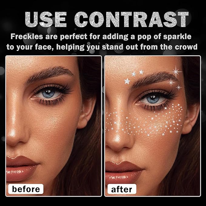 20PCS Glitter Freckles Face Tattoo Sparkle Freckles,Face Glitter Patches,Faux Freckles Temporary Tattoos Makeup for Halloween Christmas-Silver
