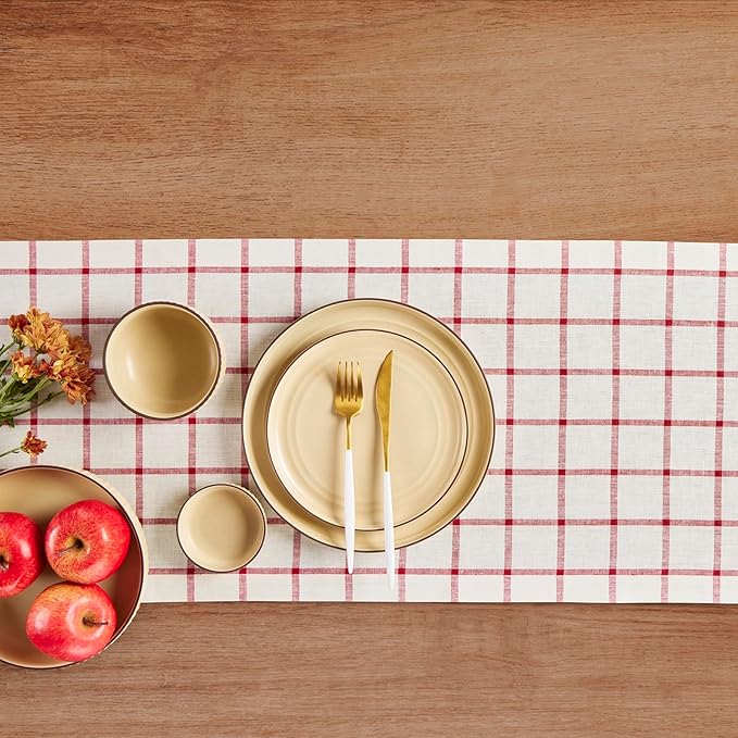 Solino Home Linen Plaid Table Runner 60 Inches - 100% Pure Linen Windowpane Tofu/Red Short Table Runner 14 x 60 Inch Ideal for Dresser and Coffee Tables - Christmas, Xmas