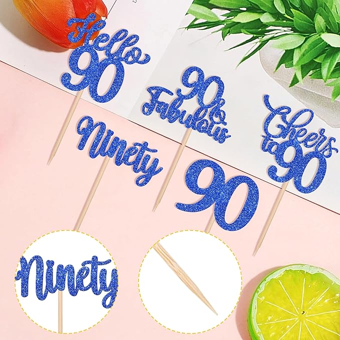 30PCS Happy 90th Birthday Cupcake Toppers Glitter Ninety Cheers to 90 Years Old Birthday Cupcake Picks Hello 90 Fabulous Cake Decorations for Happy 90th Birthday Anniversary Party Supplies Blue