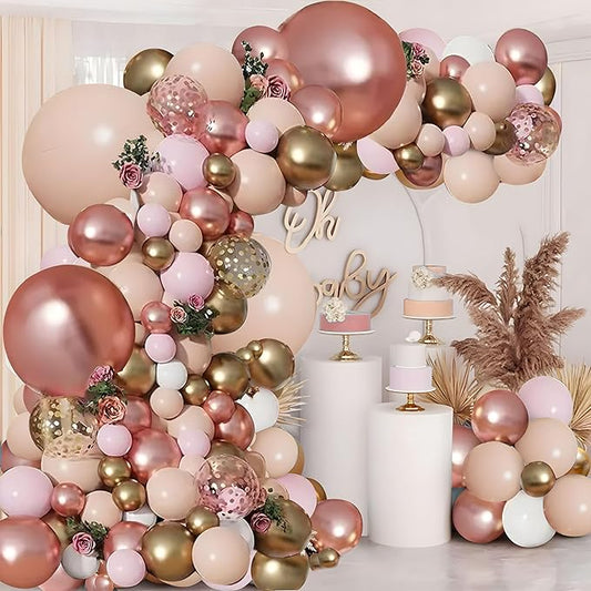Rose Gold Pink Balloon Garland Kit, Pastel Pink Gold Metallic Nude White Balloons Rose Gold Confetti Balloons for Bridal Shower Wedding Birthday Princess Party Decorations