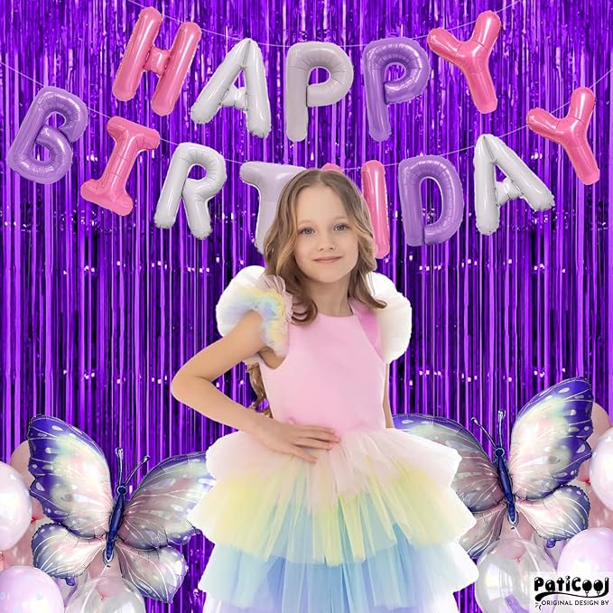 Purple Streamers Thicken 2 Pack 3.3 x 6.6 FT, Purple Tinsel Foil Fringe Curtains, Photo Booth Props Backdrops for Birthday, Halloween, Graduation Party Decorations