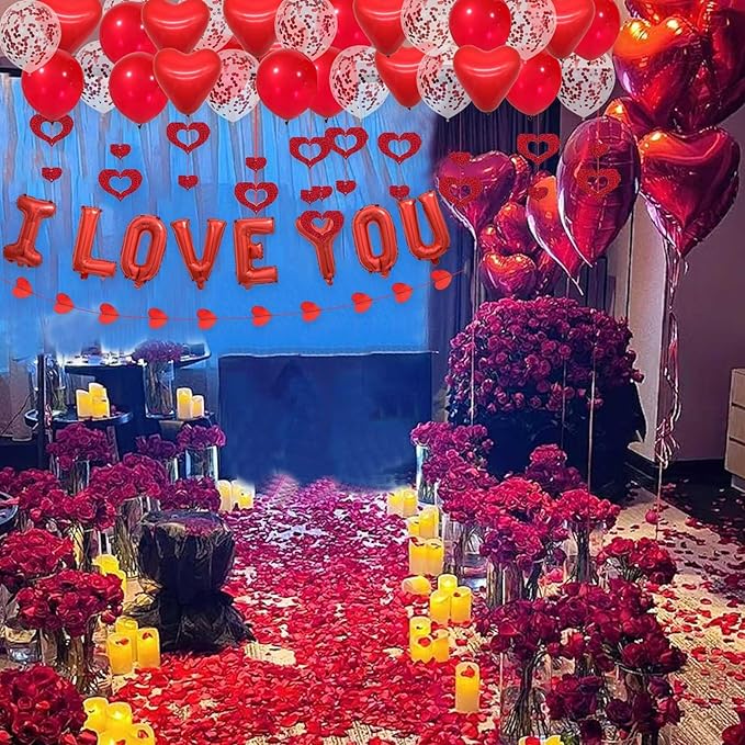 Valentine's Day Decorations 2 Set Red I LOVE YOU Balloons - 1200pcs Red Artificial Rose Petals 16" Letter Balloons 18" Heart Foil Balloons Latex balloons 10 heart balloons Hanging Swirls Heart Banner