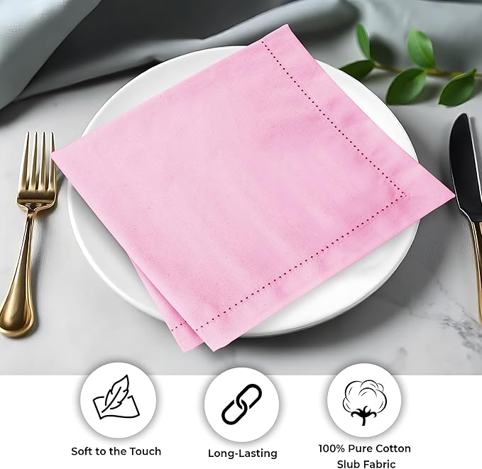 Urban Villa Easter Cloth Napkins Hemstitch Solid Pink 100% Cotton Absorbent Dinner Napkins (Set of 12) 20x20 Inches Soft Durable Washable Reusable Ideal for Everyday Use Wedding Parties Cloth Napkins