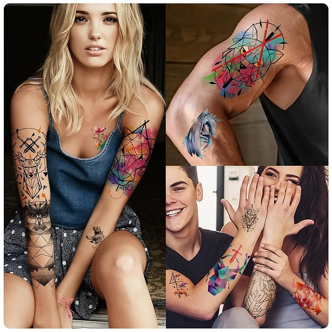 77 Sheets Geometric Animal Temporary Tattoo, 17 Sheets Half Arm 3D Lions Fox Wolf Owl Tiger Fake Tattoos for Adults Women Men, 60 Sheets Tiny Skull Cat Flower Tattoos Sticker for Kids Boy Girl