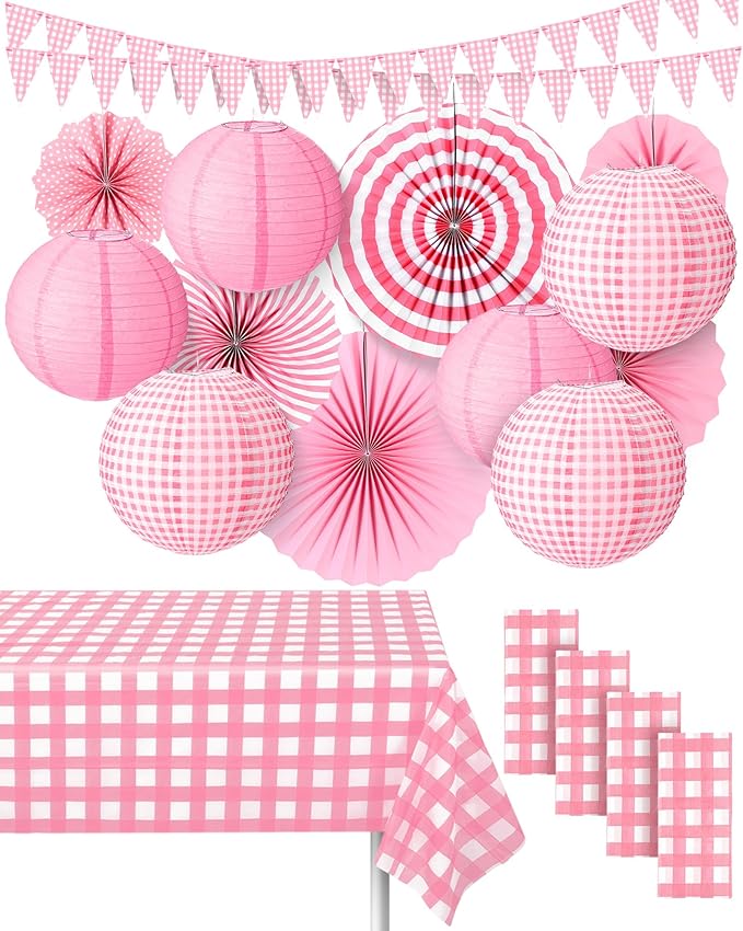 Hortsun 18 Pcs Pink and White Gingham Christmas Party Supplies Include Paper Lanterns Plastic Tablecloth Pennant Banner Paper Fans Christmas Picnic Decor for Holiday Party Home Dining Room
