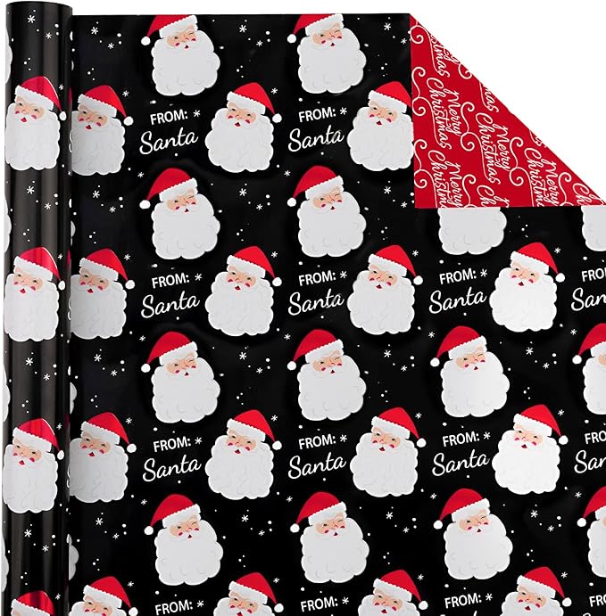 WRAPAHOLIC Reversible Vintage Christmas Wrapping Paper - Mini Roll - 17 Inch x 33 Feet - Black Jolly Santa Wrapping Paper and Red Merry Christmas Design with Metallic Foil Shine for Holiday, Party