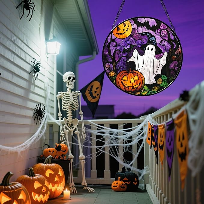 Stained Glass Window Hanging Halloween White Ghost Black Bat 11.8" - Suncatcher Door Garden Sunroom Horror Pumpkin Sun Catcher Birthday for Friend Mom Men Woman Nana