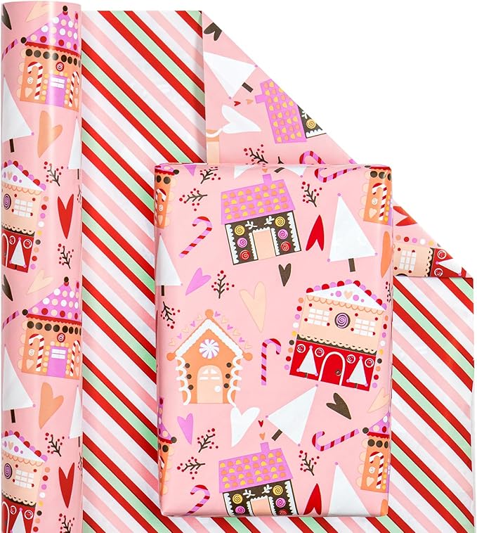 WRAPAHOLIC Reversible Christmas Wrapping Paper - Mini Roll - 17 Inch x 33 Feet - House with Christmas Tree and Candy Cane Wrapping Paper for Holiday, Party Celebration