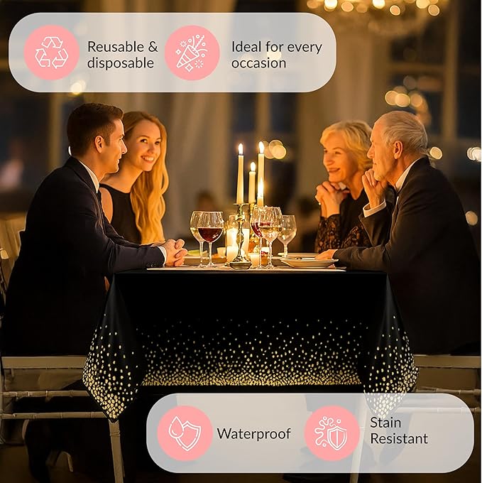 Prestee 12-Pack Black and Gold Dots Disposable Tablecloths – 108x54 Inch Waterproof Plastic Table Covers – Elegant, Heavy-Duty Party Tablecloths for Weddings, Birthdays, Holidays, and Events
