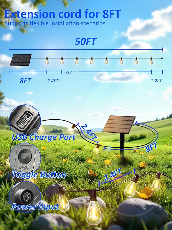 luckystyle 50FT Solar String Lights Outdoor Waterproof with 18+1 LED Bulbs Long Last for 20+Hrs, Commercial Grade Shatterproof USB Patio Solar Powered Lights for Camping，Backyard, Garden, Porch Decor