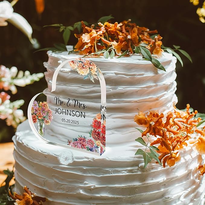 Custom Wedding Heart Acrylic Plaque,Mr & Mrs Cake Topper,Personalized Wedding Keepsake/Gift/Sign (Style 6)
