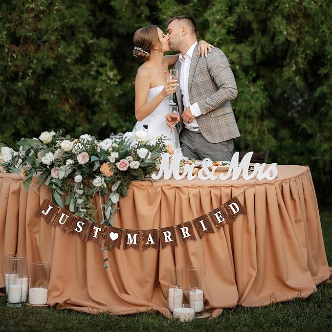 Rustic Wedding Decoration Set Just Married Cake Topper & 12 PCS Cupcake Toppers & Banner & Mr Mrs Table Sign in Wood