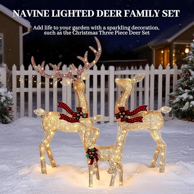 3-Piece Large Lighted Christmas Deer Family Set, Christmas Indoor and Outdoor Decoration with 225 Warm White LED Lights, Ground Pegs, Cable Ties. Suitable for Patio Lawn Garden Party-Champagne