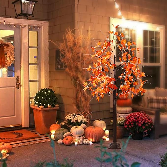 6FT Fall Tree with Lights, Thanksgiving Decorations Warm White 120 LED Maple Tree, Prelit Artificial Thanksgiving Tree, Dimmable Autumn Tree Light, Fall Home Indoor Harvest Outdoor Decor
