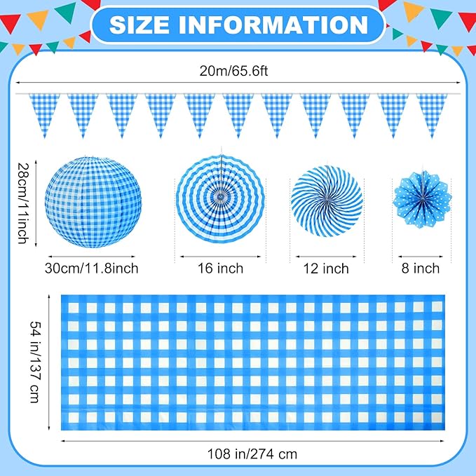Hortsun 18 Pcs Blue and White Gingham Christmas Party Supplies Include Paper Lanterns Plastic Tablecloth Pennant Banner Paper Fans Christmas Picnic Decor for Holiday Party Home Dining Room