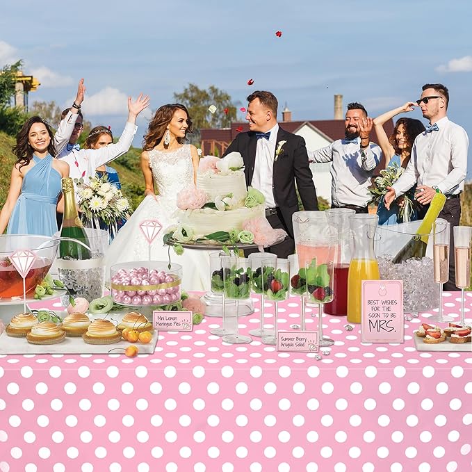 WNINK 4 Pack Light Pink and White Polka Dot Tablecloths, Pink Disposable Plastic Table Cover for Birthday, Wedding, Bachelor, Pink Girl Party, and Picnic Camping Parties 54" x 108"