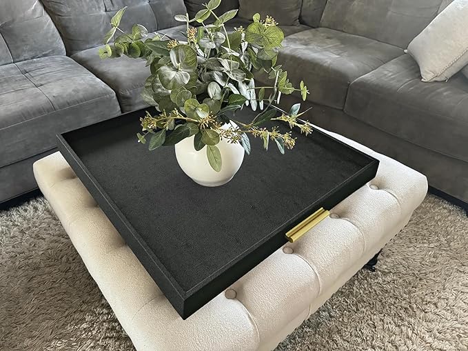 HofferRuffer Extra Large Square Serving Tray, Elegant Faux Leather Ottoman Tray with Gold Hardware Handles, Serve Tea, Coffee or Breakfast in Bed, 24 x 24 inches (Black Shagreen)