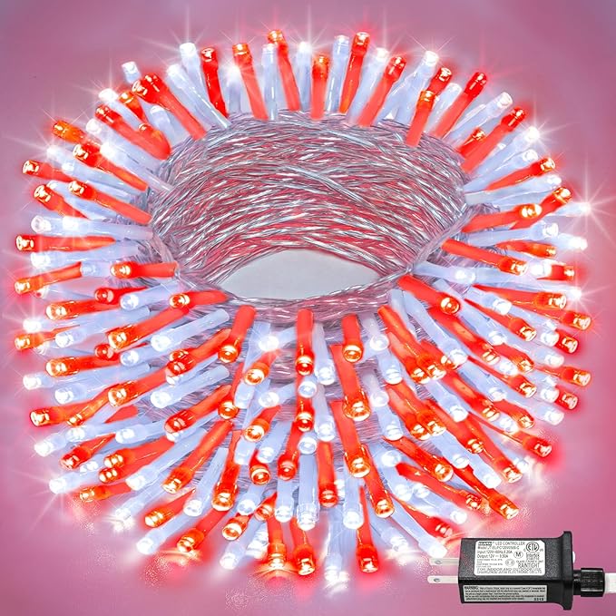 100FT 300 LED Christmas Lights Outdoor, Plug in Christmas String Lights Indoor, Waterproof & 8 Modes & Timer Function, Connectable Fairy Twinkle Light for Home Garden Xmas Decor, Red White