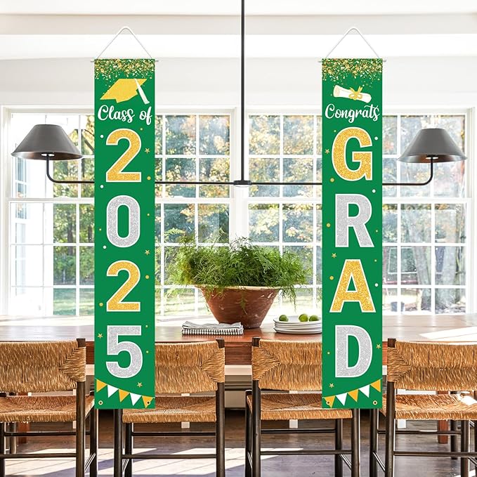 Graduation Decorations 2025 GRAD Banner Green Porch Door Sign Welcome Banner For Indoor Outdoor Wall Graduation Decorations Class of 2025