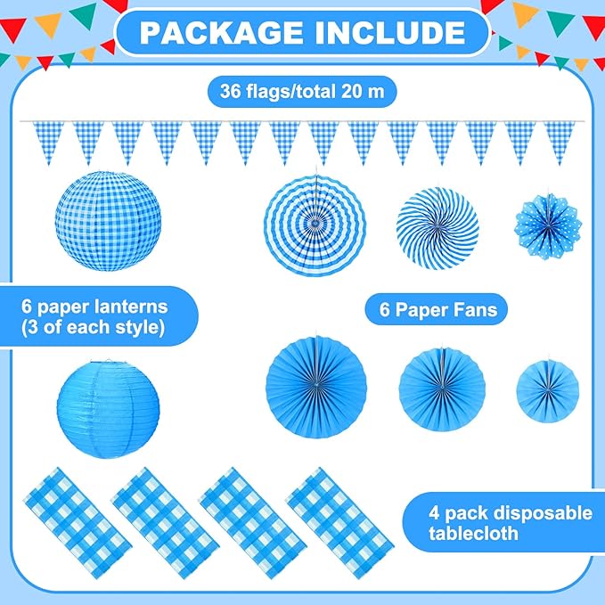 Hortsun 18 Pcs Blue and White Gingham Christmas Party Supplies Include Paper Lanterns Plastic Tablecloth Pennant Banner Paper Fans Christmas Picnic Decor for Holiday Party Home Dining Room