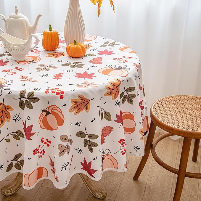 Thanksgiving Waterproof Tablecloth – Fall Harvest Pumpkins, Maple Leaves & Berries Print – Autumn Rectangle Table Cover for Dining or Party, White, 60" Round