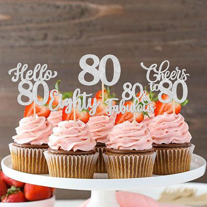 30PCS Happy 80th Birthday Cupcake Toppers Glitter Eighty Cheers to 80 Years Old Birthday Cupcake Picks Hello 80 Fabulous Cake Decorations for Happy 80th Birthday Anniversary Party Supplies Silver