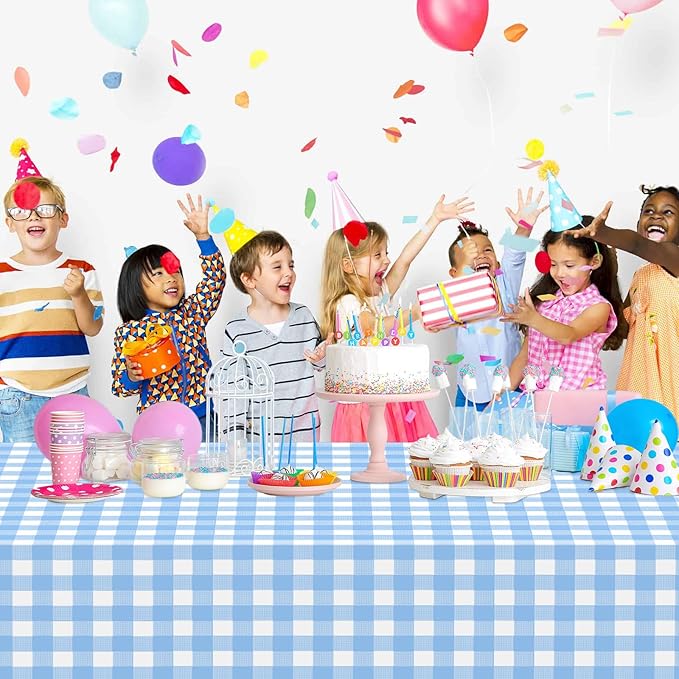 2 Pack Light Blue Gingham Tablecloth Rectangular Pale Blue and White Checkered Tablecloths Disposable Plastic Plaid Table Cover for Parties, Outdoor Picnic, Birthday, Wedding, Camping 54 × 108 Inch