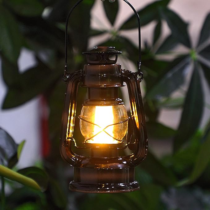 Hortsun 2 Pieces 8 Inch Vintage LED Hurricane Lantern 12 Warm LEDs and Dimmer Switch Battery Operated Farmers Hanging Lantern for Halloween Christmas Indoor Outdoor Camping Usage Decor