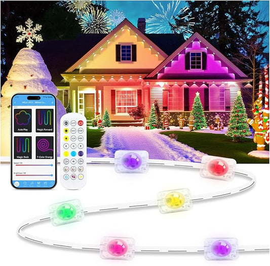 Permanent Outdoor Lights for House, 50 FT Color Changing String Lights with RGBIC & Bluetooth Remote, DIY via App for Music Sync, IP67 Waterproof Expandable LED Lights for Eaves, Patio, Lanai, Fence