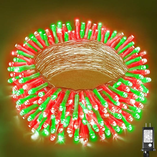 Vivideal 200 LED Red and Green Christmas Lights - 66ft String Lights Indoor Clear Wire 8 Modes Plug in Waterproof Fairy Light with Timer Memory for Indoor Outside Bedroom Home Party Decorations