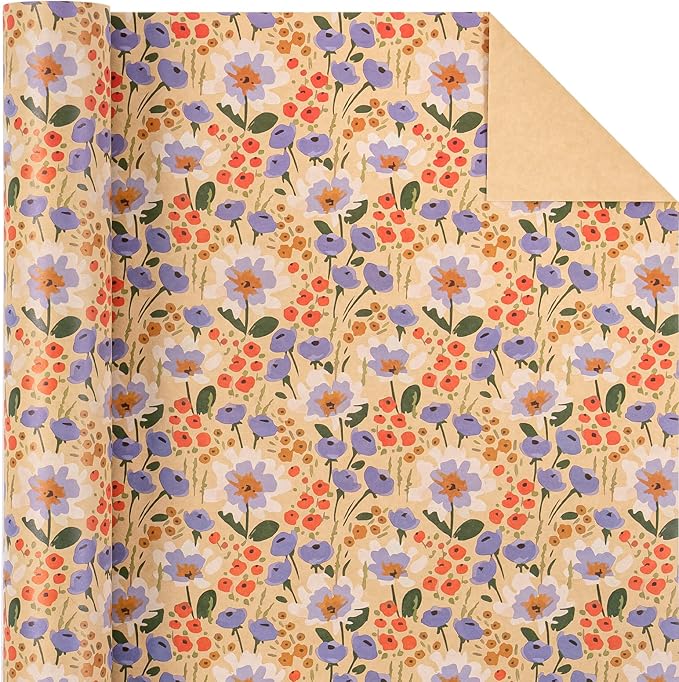 WRAPAHOLIC Kraft Floral Wrapping Paper Roll - Mini Roll - 17 Inch x 16.5 Feet - Watercolor Flower Wrapping Paper, Perfect for Wedding, Birthday, Bridal Shower, Tea Party