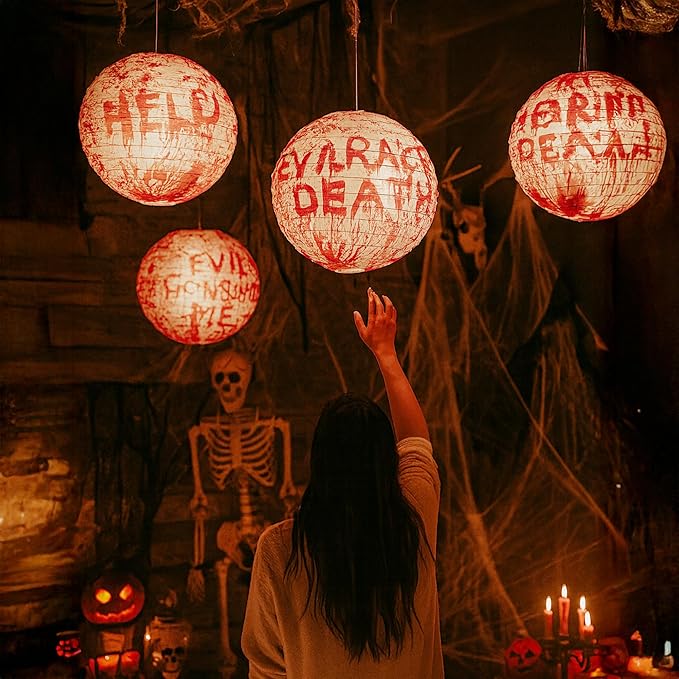 Mudra Crafts Hanging Halloween Ghost Lights Paper Lanterns, Outdoor Indoor Party Halloween Decorations, White 12-Inch Spooky Lamps, Set of 4