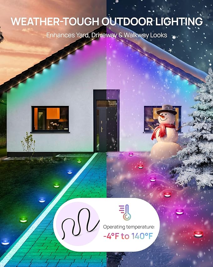 VCOKEN Outdoor Ground Lights, 50FT with Smart 15 LED RGBWW Christmas Pathway Lights with App Control, DIY Scene Modes IP65 Waterproof Walkway Light for Yard, Walkway Driveway Garden Decor