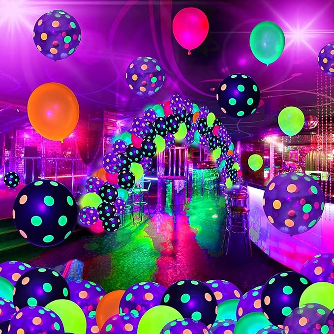 90 Pcs UV Neon Balloons,Neon Polka Dot Glow Party Balloons UV Black Light Balloons Glow in the dark for Birthday Decorations Wedding Glow Party Supplies Blacklight Carnival
