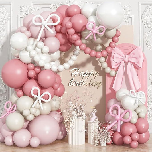 Pink and White Balloons Arch, Dusty Pink Bow Balloons Garland, Blush Beige Cream Latex Balloon, White Long Balloon as Bow Decor for Neutral Boho Birthday Party Baby Shower Bridal Wedding