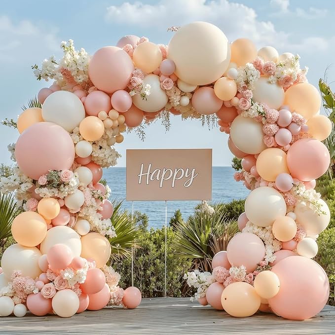 Pink White Nude Balloons Arch Kit, Double Stuffed Pastel Light Pink Cream Beige Peach White Balloon Garland Kit for Birthday Wedding Bridal Shower Anniversary Party Decoration