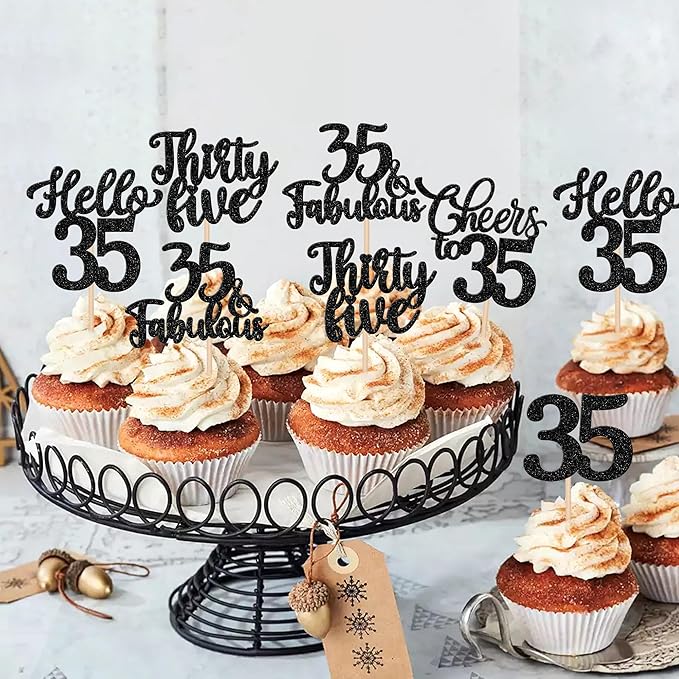 30PCS Happy 35th Birthday Cupcake Toppers Glitter Hello 35 Fabulous Thirty Five Cheers to 35 Years Old Birthday Cupcake Picks for Happy 35th Birthday Anniversary Party Cake Decor Supplies Black