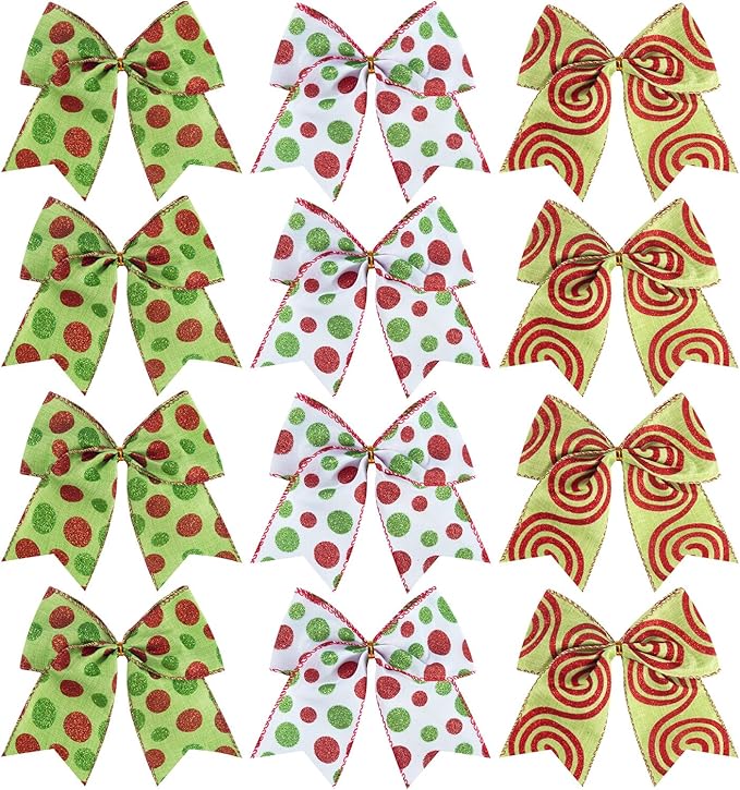 SIMISI RIBBON Christmas Tree Bows Wreaths Graland Xmas Party Decorations Red Green Polka Dot Ornaments (6 * 6 Inches, 12 Pcs)
