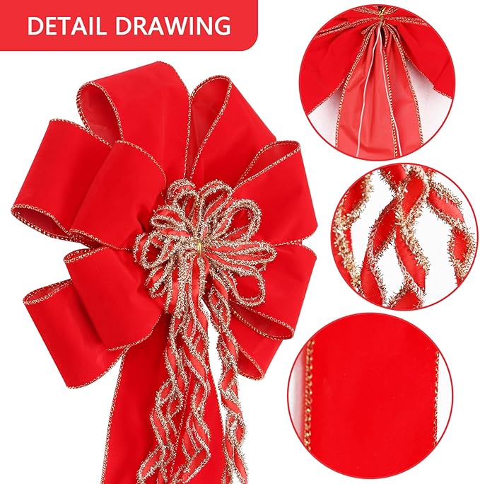 Super Holiday Red Christmas Bows, 20”x10.5” Large Velvet Christmas Tree Topper Ornaments for Xmas Tree Decorations, for Home Front Door Wreath Bow Indoor Outdoor Party Decor.