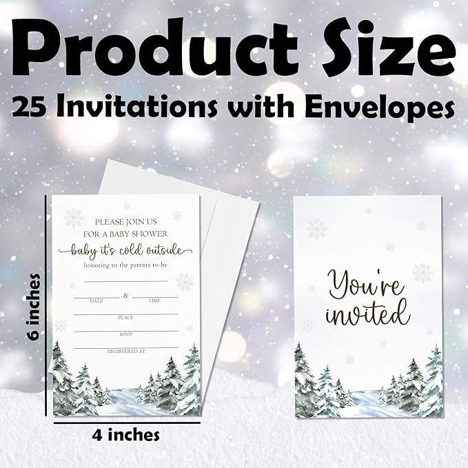 4'' x 6'' Baby It's Cold Outside Baby Shower Invitations - 25 Snowflake & Tree Invited Cards with Envelopes - Winter Announcement Invites for Boys & Girls, Gender Reveal Party Supplies & Decor -A06