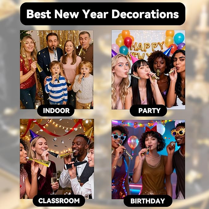 100pcs New Years Eve Party Supplies 2026 Black, Gold & Silver Party Blowers, New Years Decorations Noisemakers for Kids & Adults Nye Decorations