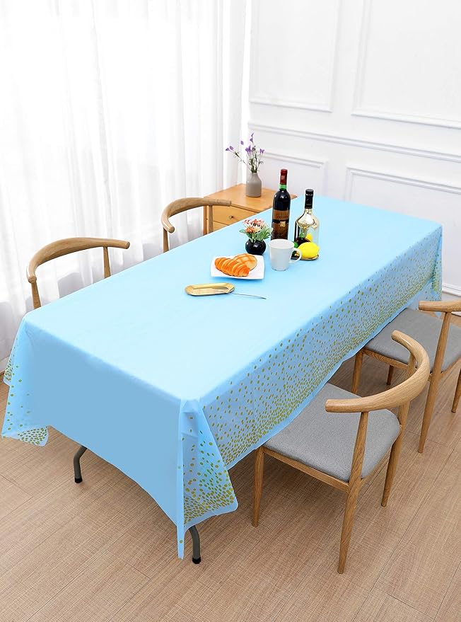 Blue and Gold Tablecloths for Party 4 Pack - 54 X 108 inch, Gold Dot Confetti Disposable Rectangular Plastic Table Cover for Baby Shower Boy Birthday Engagement Wedding Christmas BBQ Party