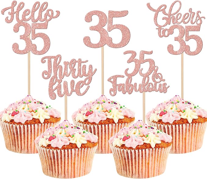 30PCS Happy 35th Birthday Cupcake Toppers Glitter Hello 35 Fabulous Thirty Five Cheers to 35 Years Old Birthday Cupcake Picks for Happy 35th Birthday Anniversary Party Cake Decor Supplies Rose Gold