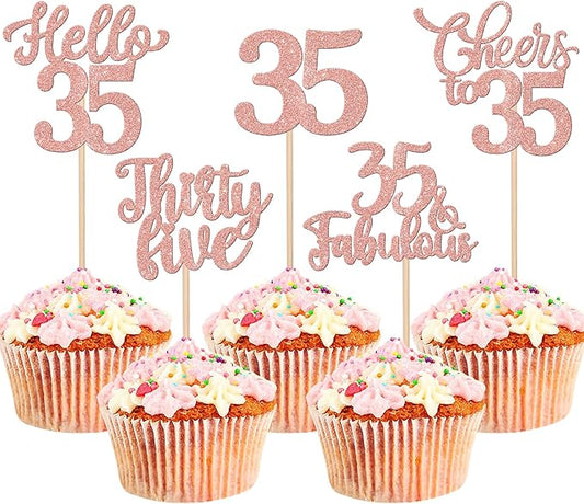 30PCS Happy 35th Birthday Cupcake Toppers Glitter Hello 35 Fabulous Thirty Five Cheers to 35 Years Old Birthday Cupcake Picks for Happy 35th Birthday Anniversary Party Cake Decor Supplies Rose Gold