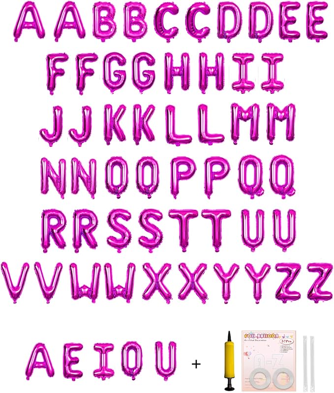58 PCS Letter Balloons Alphabet Letters 2 Sets A- Z & 1 Sets AEIOU 16 - Inch Mylar Foil Balloons Set for Wedding/Birthdays/Annivs/Grads party Decoration Banner Custom Phrase (Hot Pink)